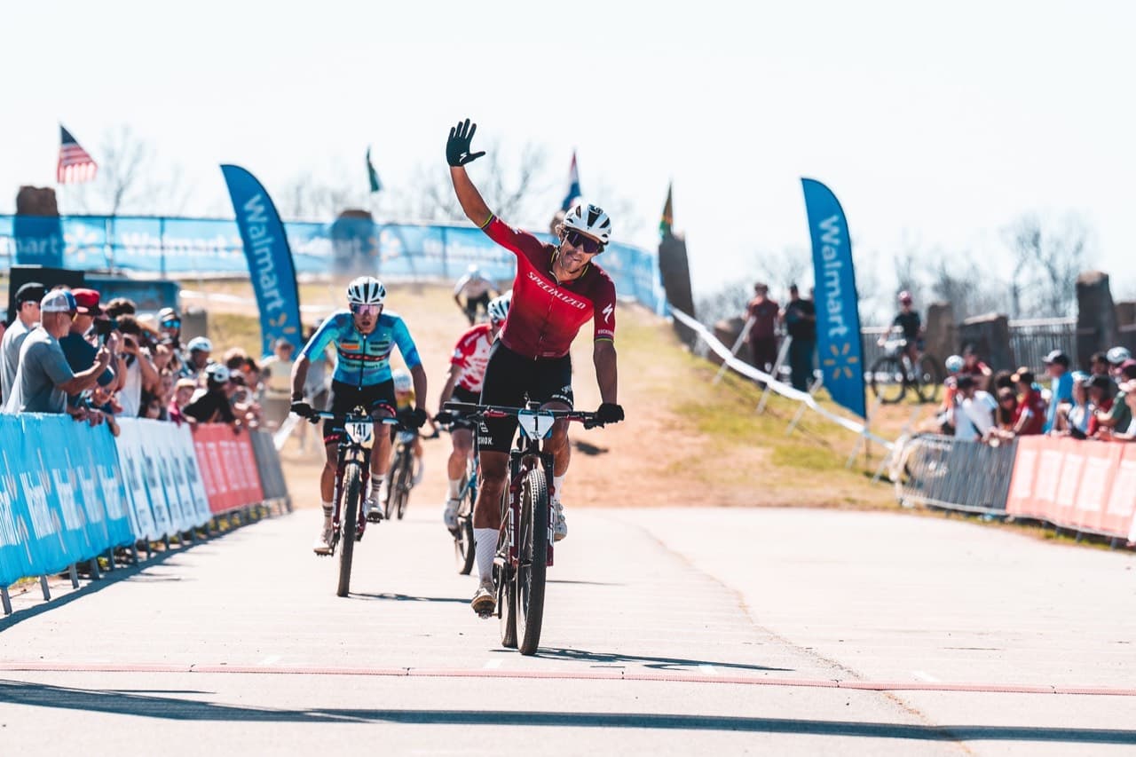 Mountain bike racers crossing the finish line